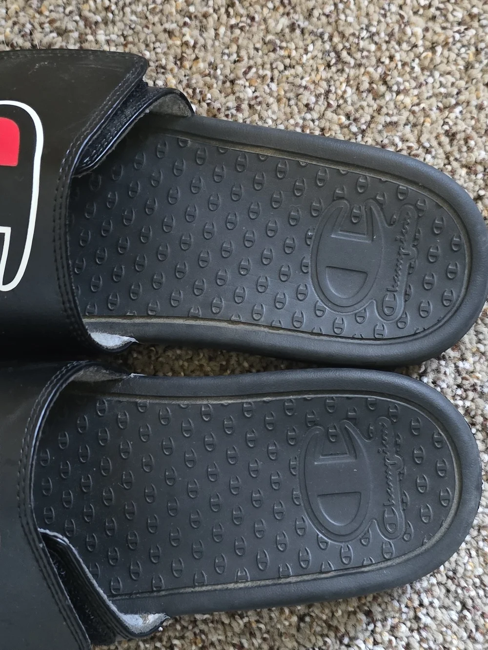 Champion Black Slide Sandals with Red Logo Accent